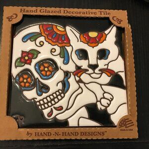 NWT HALLOWEEN SKULL CAT EARTHTONES HAND IN HAND TRIVET HOT PLATE